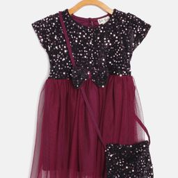 Bella Moda Maroon & Black Sequinned Net Fit & Flare Dress with Sling Bag-46