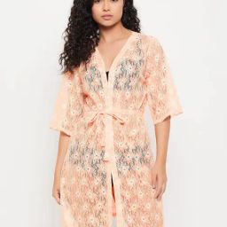 Clovia Peach Lace Robe-image-38