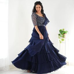 infabzon Ready to Wear Lehenga Choli for Women Bollywood Style Tebby Silk Fabric On Ruffile & Daimond Work Fully Stitched with Canvas & Can Can Ateched Blue image 2