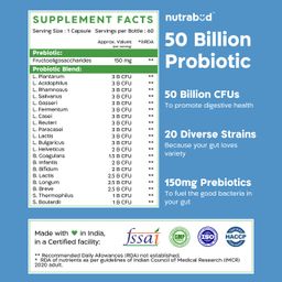 Nutrabud Probiotic Supplement 50 Billion CFU for Women & Men - Probiotic for Gut Health Supplements - Supports Digestion & Immunity - 60 Veg Capsules (60 Count (Pack of 1), Unflavoured) image 2