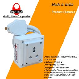 indrico Extension Board Heavy Duty 1 Socket 15A 16A 20A High Load Capacity 3000 Watts With 16A Big Plug Pvc White (2 Meter),220Volts image 4