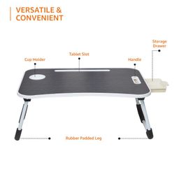 Amazon Basics Engineered Wood Foldable Laptop Table with Cup Holder, Tablet Groove and Mini Drawer (60L x 40W x 26H cm, Black) image 5