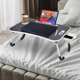Amazon Basics Engineered Wood Foldable Laptop Table with Cup Holder, Tablet Groove and Mini Drawer (60L x 40W x 26H cm, Black) image 2