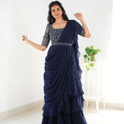 infabzon Ready to Wear Lehenga Choli for Women Bollywood Style Tebby Silk Fabric On Ruffile & Daimond Work Fully Stitched with Canvas & Can Can Ateched Blue image 3