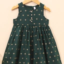 Babyhug Sleeveless Gold Print Ethnic Dress - Green-image-64