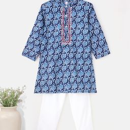 Babyhug 100% Cotton Full Sleeves Kurta With Payjama Set Embroidered - Indigo-image-47
