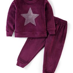 Babyhug Velour Knit Full Sleeves Winter Wear Sweatshirt & Lounge Pant Set Star Print - Maroon-image-43