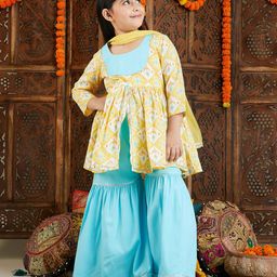 Vastramay Three Fourth Sleeves Ikat Printed Kurta With Sharara And Dupatta Set - Yellow-image-2
