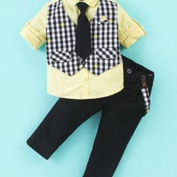 ToffyHouse Cotton Full Sleeves Checkered Party Suit with Bow Tie - Lemon Yellow & Black-picture-34