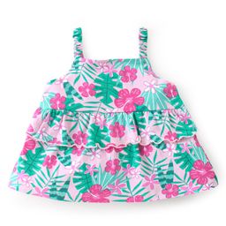 Babyhug 100% Cotton Knit Sleeveless Top With Frill Detailing & Tropical Print - Pink-image-68