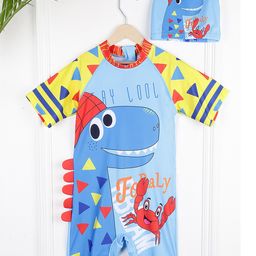 PASSION PETALS Half Sleeves Dinosaur & Crab Printed Coordinating Swimsuit & Cap Set - Light Blue & Yellow-image-23