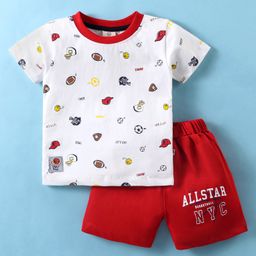 Mini Donuts 100% Cotton Knit Half Sleeves T-Shirt & Shorts Set Ball Print - Red-image-27