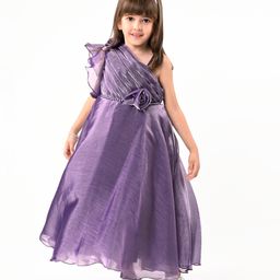 Babyhug Woven One Shoulder Sleeves Fit and Flare Party Gown With Floral Applique- Violet-image-92