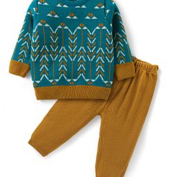 Babyhug Knitted Full Sleeves Pullover Sweater & Pant Set with Chevron Design -Green-image-92