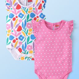 Babyhug 100% Cotton Knit Frill Sleeves Floral & Polka Dots Printed Onesies Pack of 2 - Multicolour-image-60