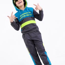 Ollington St. 100% Cotton Knit Full Sleeves Hooded Sweatshirt & Joggers Set with Text Print - Blue & Black-image-92