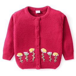 Babyhug Knitted Full Sleeves Front Open Sweater With Floral Embroidery Detailing - Fuchsia-image-79