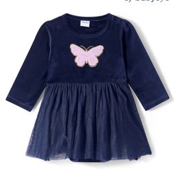 Babyoye Cotton Knit Full Sleeves Frock Style Onesie With Butterfly Embroidery - Navy Blue-image-25