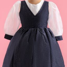 Pine Kids Woven Full Volume Sleeves Shimmer Party Dress - White & Navy Blue-image-50