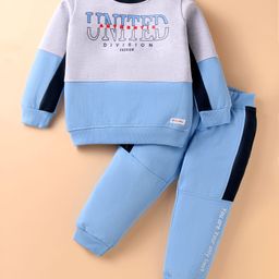 Kookie Kids Terry Knit Full Sleeves Winter Wear T-Shirt & Lounge Pant Set With Cut & Sew Design & Text Print - Light Blue-image-0