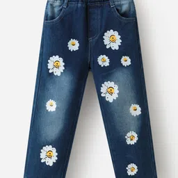 Kookie Kids Full Length Floral Printed WashedDenim Jeans - Navy Blue-picture-8