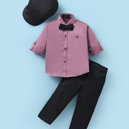 Robo Fry Cotton Knit Full Sleeves Checkered Shirt & Trouser Set with Cap & Bow- Lilac-image-92
