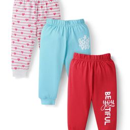 Doodle Poodle Single Jersey Knit Full Length Lounge Pants With Text & Hearts Print Pack Of 3 - Red Off White & Blue-image-80