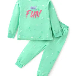 Smarty Girls Cotton Lycra Knit Full Sleeves Winter Wear Suit With Text Print - Turquoise-picture-10