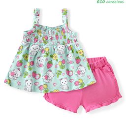 Babyoye Eco Conscious 100% Cotton Knit with Eco Jiva Finish Sleeveless Top & Shorts Set With Cat & Fruit Print & Smocking Detailing - Sea Green & Dark Pink-image-90