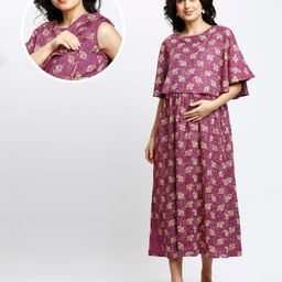 Dummy Shape Viscose Rayon Half Cape Sleeves Floral Printed Maternity Poncho Gown With Nursing Access - Purple-image-99