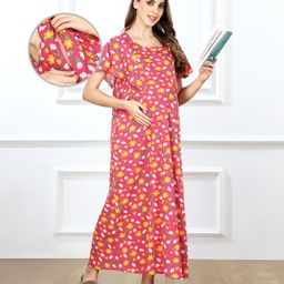 Bella Mama Cotton Knit Half Sleeves Floral Printed Maternity Nursing Nighty - Dark Pink-picture-18