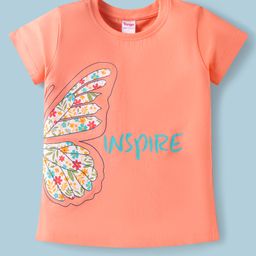 Tango Single Jersey Knit Half Sleeves T-Shirt With Inspire Text & Butterfly Print- Coral-image-72