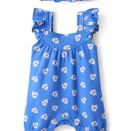 Babyhug Interlock Knit Sleeveless Romper With Floral Print & Headband - Blue-image-53
