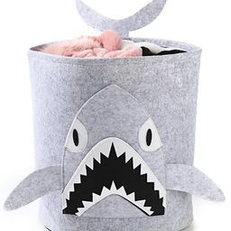 House of Quirk Felt Kids Shark Laundry Basket Round Storage Basket Laundry Organizer - Light Grey-image-8