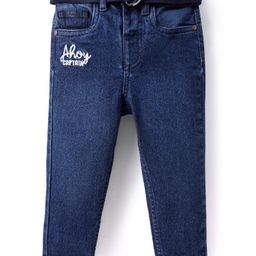Babyhug Cotton Denim Full Length Jeans With Belt Text Embroidery - Blue-image-97