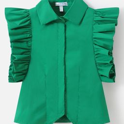 Mark & Mia Cotton Frill Sleeves Solid Color Collared Top - Green-image-80
