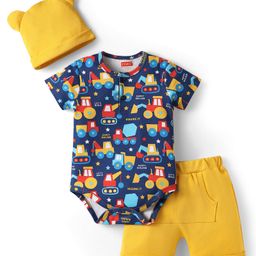 Babyhug 100% Cotton Knit Half Sleeves Vehicle Printed Onesie With Shorts & Cap - Navy Blue & Yellow-image-50