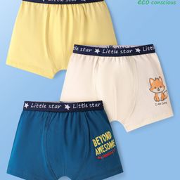 Babyoye Cotton Elastane Knit Trunks with Animal & Text Print Pack of 3 - Yellow White & Blue-image-28