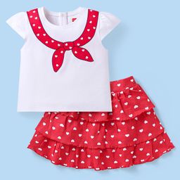 Babyhug Single Jersey Knit Half Cap Sleeves Top & Skirt Set with Hearts Print - White & Red-image-7
