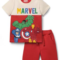 Babyhug Marvel Single Jersey Knit Half Sleeve Cut & Sew T-Shirt & Short Set With Avengers Graphic - Red & Offwhite-image-6