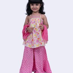 Twisha Cotton Sleeveless Gota Lace Embellished Beach Theme Printed Top With Polka Dots Printed Sharara & Dupatta Set - White & Pink-image-6