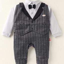 Mini Taurus Interlock Knit Full Sleeves Striped Romper With Attached Waistcoat & Bow Applique - Black-image-46