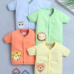 BUMZEE Cotton Knit Front Open Half Sleeves Animal Printed Jhablas Pack Of 4 - Light Blue Orange & Green-image-46