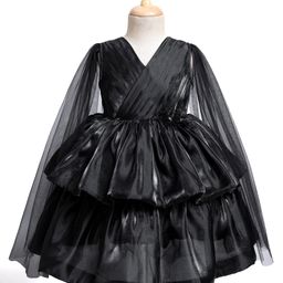 Babyhug Woven Full Cape Sleeves Tiered Party Dress With Floral Corsage & Pin Tuck Detailing - Black-image-76