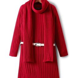 Pine Kids Knitted Full Sleeves Solid Ribbed Woollen Dress With Belt & Scarf - Red-image-62