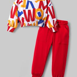 OLLINGTON ST. 100% Cotton Full Sleeves Printed Sweatshirt & Joggers Set - Multicolor & Red-image-94