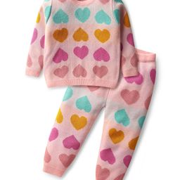 Babyhug Knit Full Sleeves Sweater Set with Heart Design - Pink-image-6