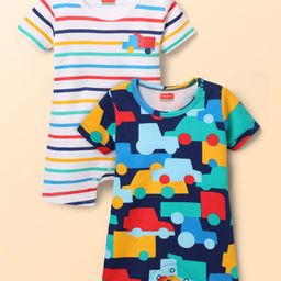 Babyhug 100% Cotton Knit Half Sleeves Striped Rompers with Vehicle Print Pack of 2 - Multicolor-picture-29