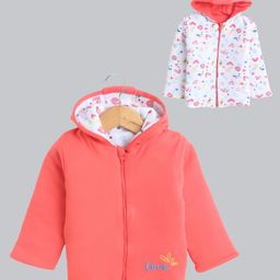 BUMZEE Cotton Knit Full Sleeves Floral Printed & Embroidered Hooded Reversible Jacket - Coral & White-image-101