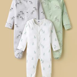 Simply Interlock Knit Full Sleeves Footed Sleepsuit with Heart & Fruit Print Pack of 3 - White Peach & Light Green-picture-22